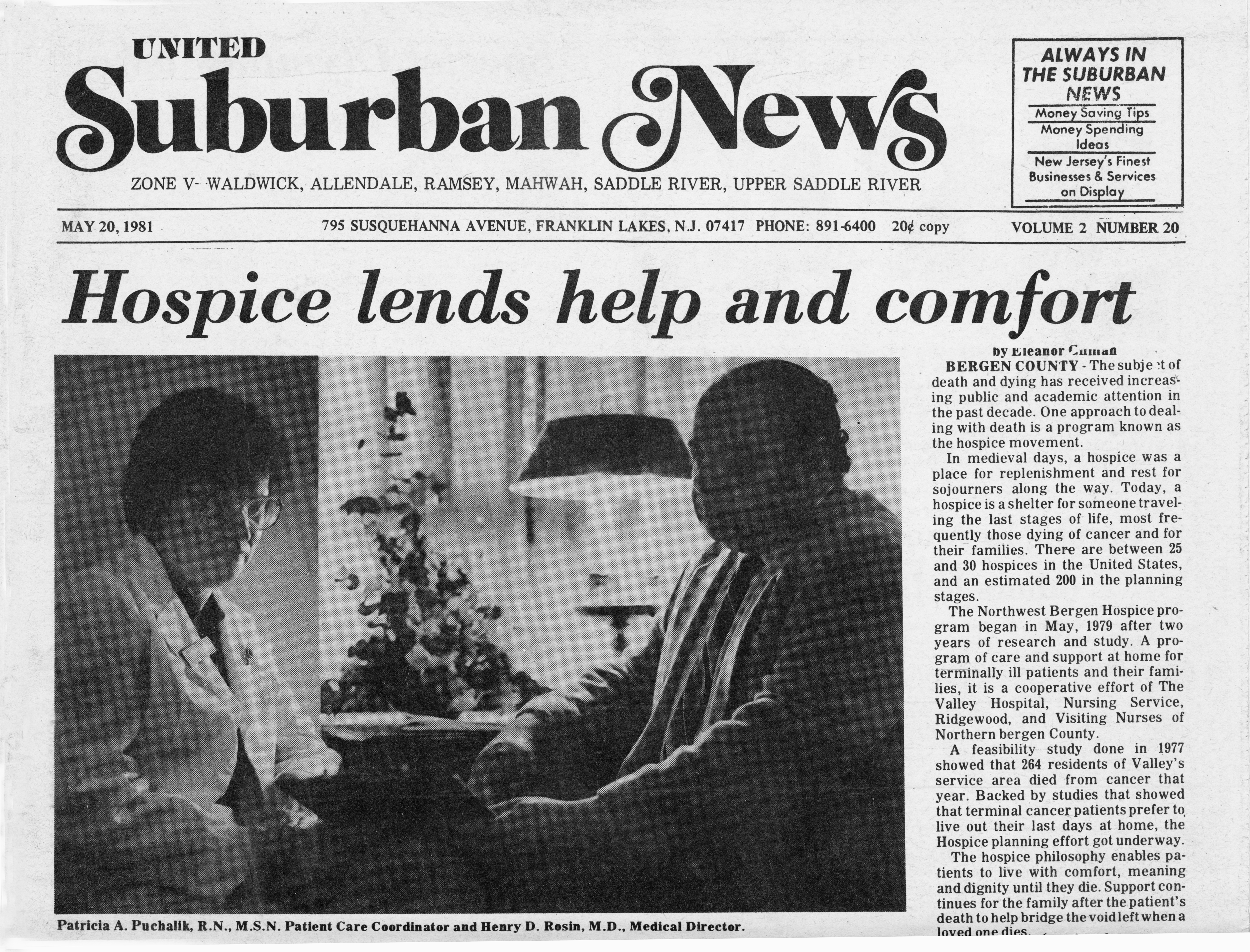 newspaper article about hospice at The Valley Hospital