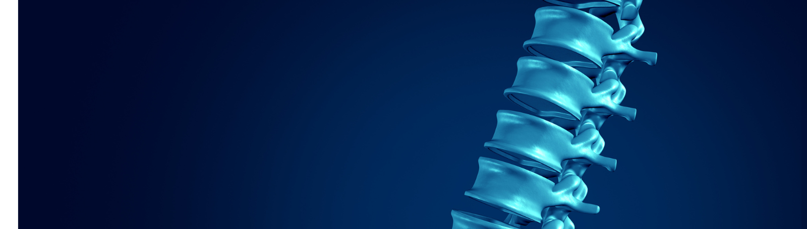 illustration of the human spine highlighted in bright blue against a dark blue background