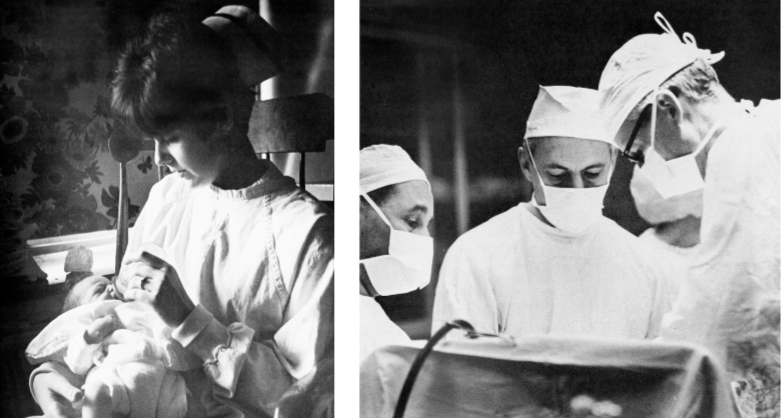 nurse with newborn at The Valley Hospital; doctors performing a procedure at The Valley Hospital