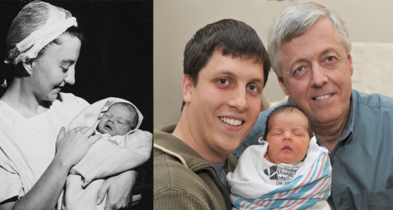 Donald Lundholm as a baby and as an adult with his son and grandchild.