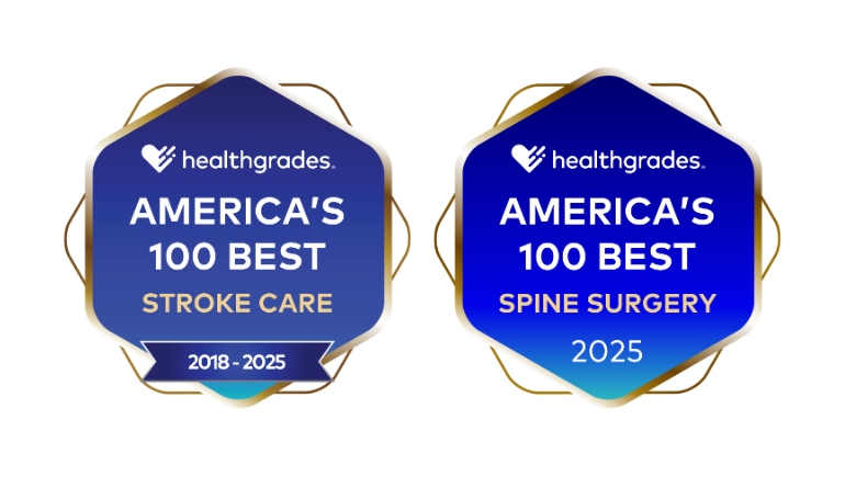 Healthgrades logos for America's 100 Best Hospitals for Stroke Care and 100 Best Hospitals for Spine Surgery