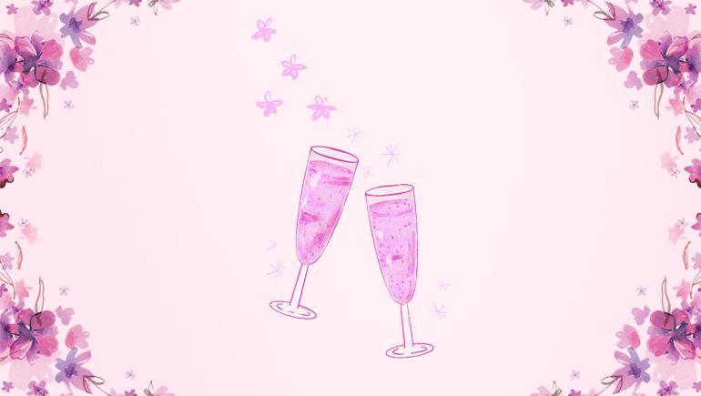 illustration of champagne classes and dark pink and purple flowers on a light pink background